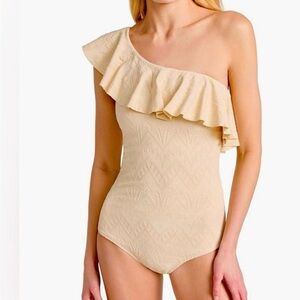 Shoshanna Cream/Ecru One-Shoulder Ruffle Swim Top